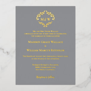 Gold Foil Elegant Wreath Monogram Formal Wedding Foil Invitation Postcard