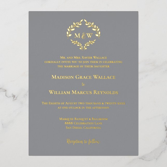 Gold Foil Elegant Wreath Monogram Formal Wedding Foil Invitation Postcard (Front)