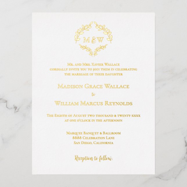 Gold Foil Elegant Wreath Monogram Formal Wedding Invitation Postcard (Front)