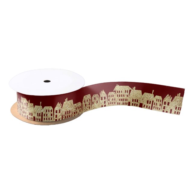 Gold Foil Festive Holiday Red Satin Ribbon (Spool)