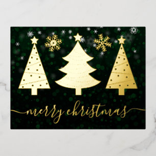 Gold Foil Festive Trees and Snowflakes Christmas Holiday Postcard