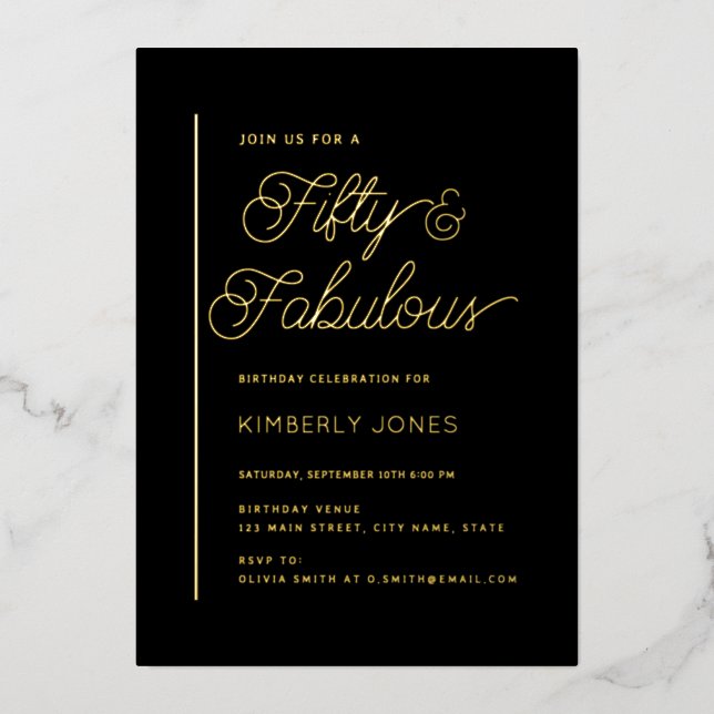 Gold Foil Fifty and Fabulous 50th Birthday Party Holiday Card (Front)