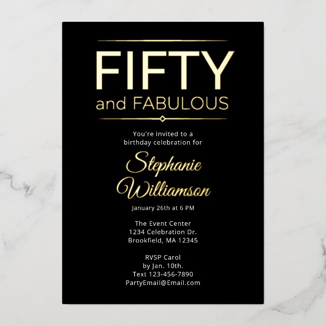 Gold Foil Fifty and Fabulous on Black White Script (Front)