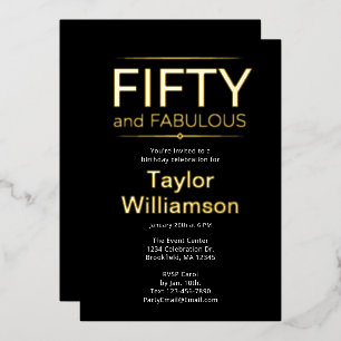 Gold Foil Fifty and Fabulous on Black White Script