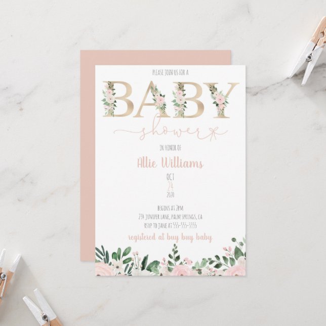 Gold Foil Floral Baby Girl Baby Shower Invitation (Front/Back In Situ)