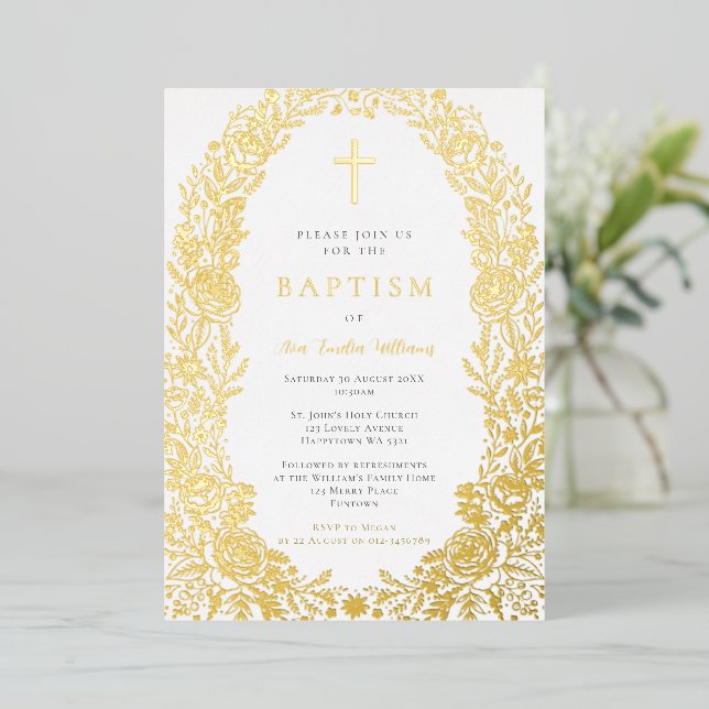 Gold Foil Floral Baptism Invitation (Standing Front)