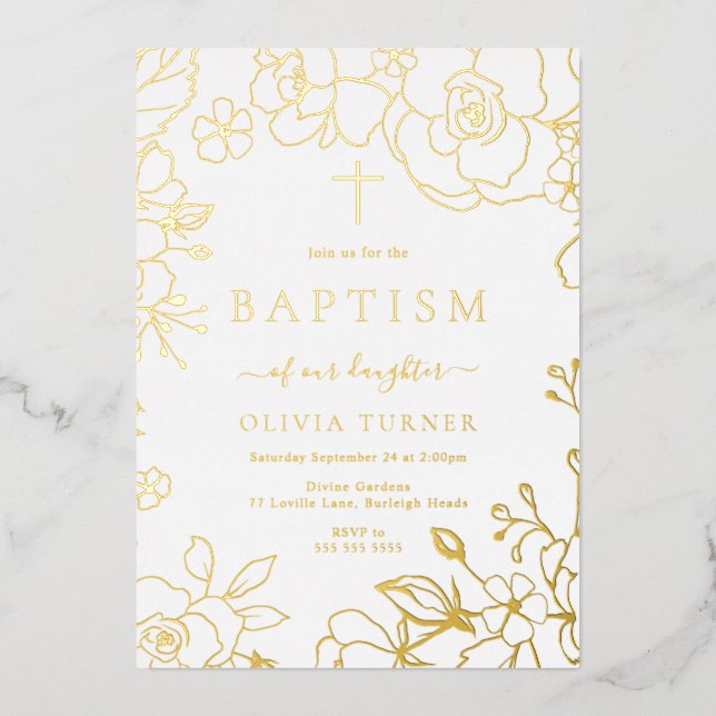 Gold Foil Floral Boy Or Girl Baptism Golden (Front)