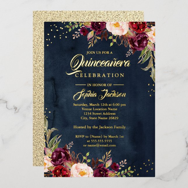 GOLD FOIL Floral Burgundy Navy Gold Quinceanera (Front/Back)