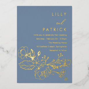 Gold Foil Floral Dusty Blue Wedding Golden Foil In