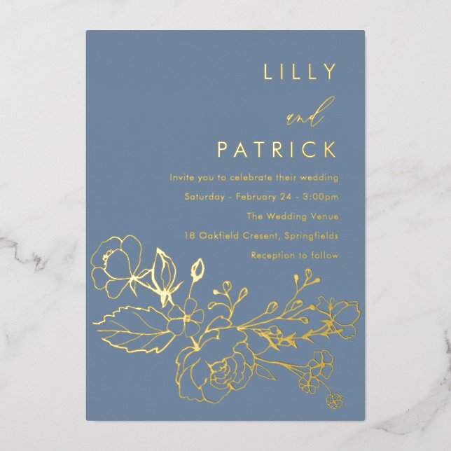 Gold Foil Floral Dusty Blue Wedding Golden Foil In (Front)