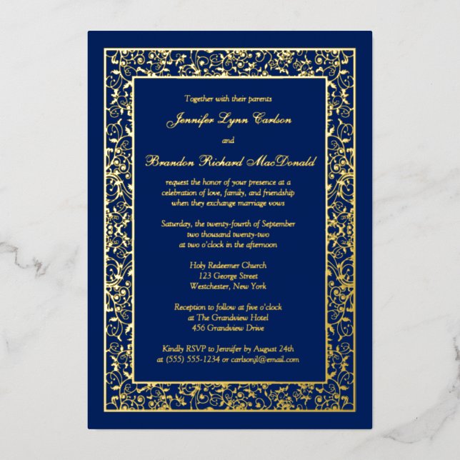 Gold Foil Floral Filigree Wedding Invite (Front)