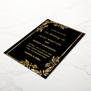 Gold Foil Floral Framed Black Wedding Invitation