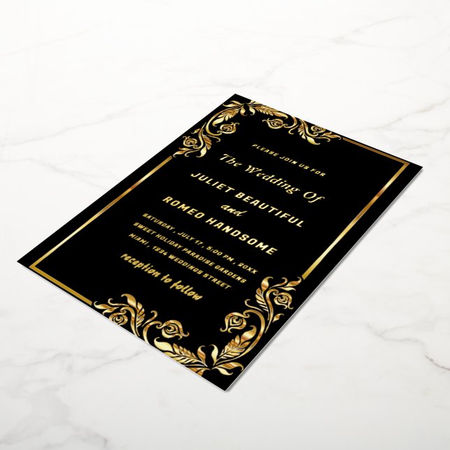 Gold Foil Floral Framed Black Wedding Invitation (Rotated)