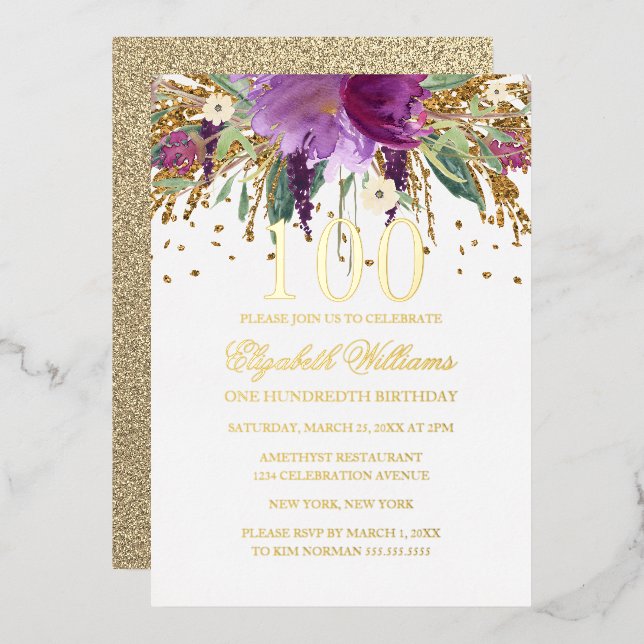 GOLD FOIL Floral Glitter Amethyst 100th Birthday F (Front/Back)