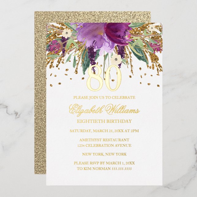 GOLD FOIL Floral Glitter Amethyst 80th Birthday Fo (Front/Back)