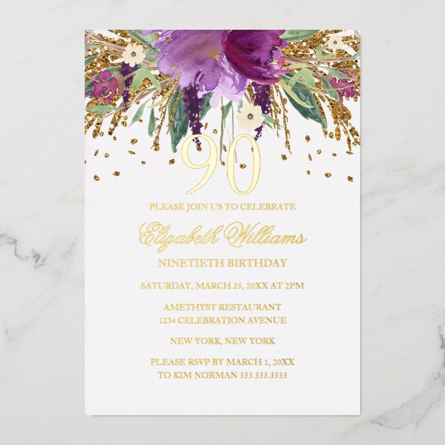 GOLD FOIL Floral Glitter Amethyst 90th Birthday  (Front)