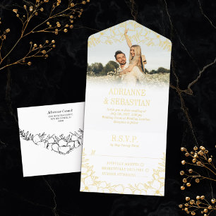 Gold Foil Floral Line Art Photo Informal Wedding All In One Invitation