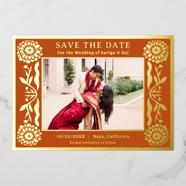 Gold Foil Floral Marigold Indian Save The Date (Front)