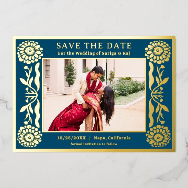 Gold Foil Floral Marigold Indian Save The Date (Front)