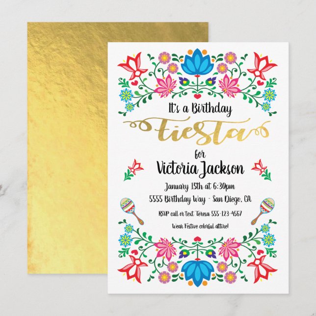 Gold Foil Floral Mexican Fiesta Birthday Party Invitation (Front/Back)