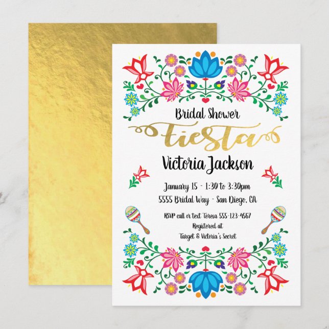 Gold Foil Floral Mexican Fiesta Bridal Shower Invitation (Front/Back)