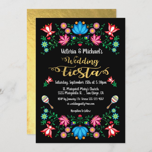 Gold Foil Floral Mexican Wedding Fiesta Invitation (Front/Back)