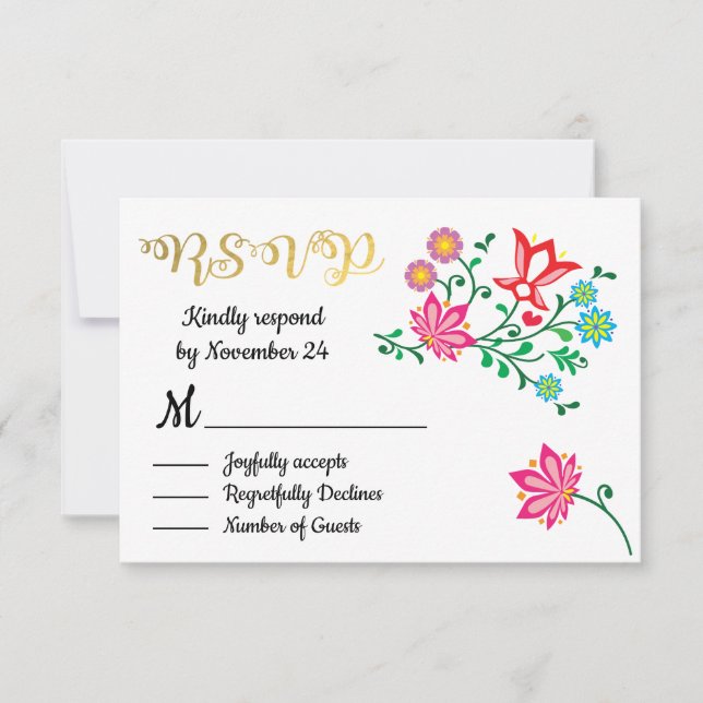 Gold Foil Floral Mexican Wedding fiesta RSVP (Front)