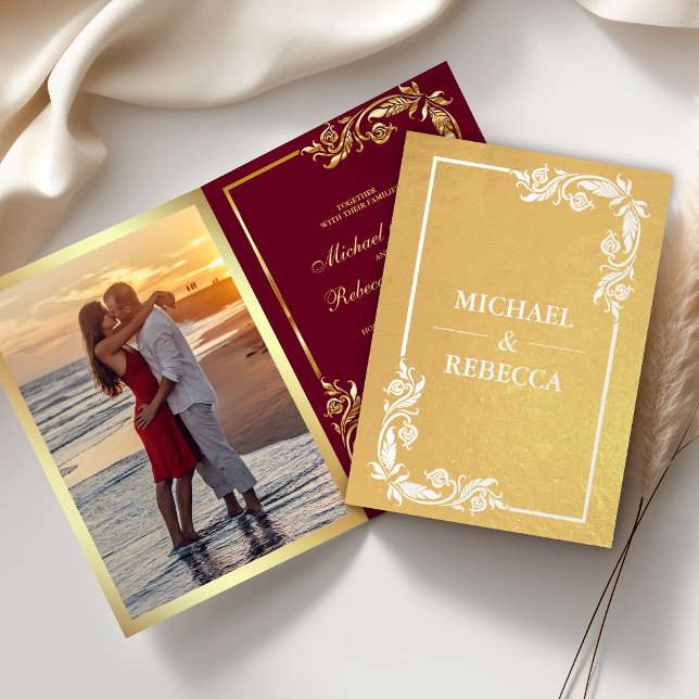 Gold Foil Floral Photo Red Wedding Invitation (Creator Uploaded)