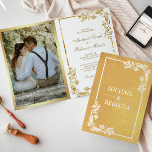 Gold Foil Floral Photo White Wedding Invitation