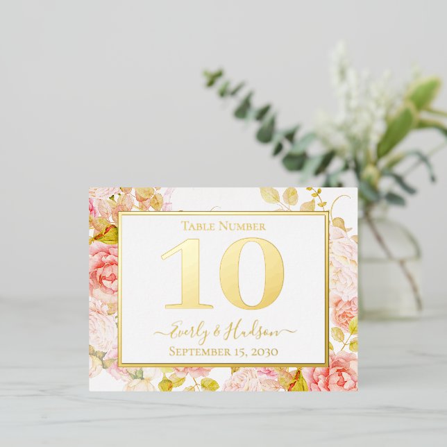 Gold Foil Floral Pink Gold Wedding Table Number (Standing Front)