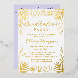 Gold Foil Floral Script Purple Graduation Photo