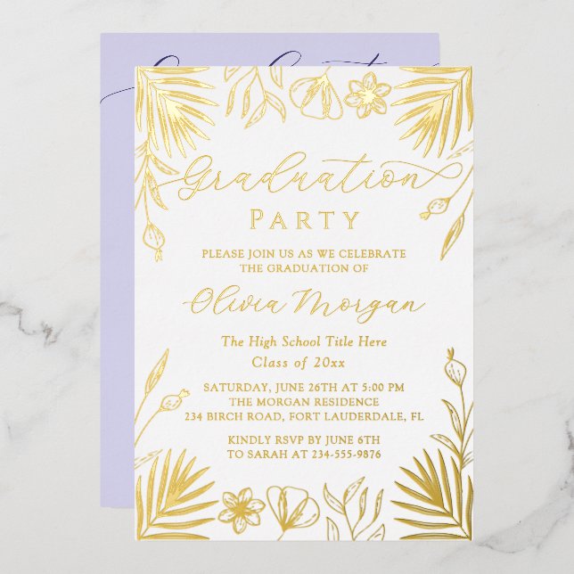 Gold Foil Floral Script Purple Graduation Photo (Front/Back)