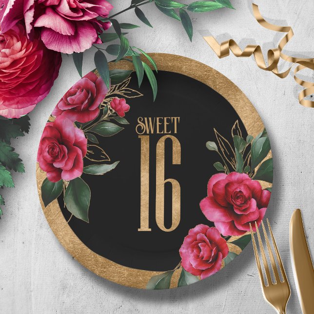 Gold Foil Floral Sweet Sixteen Black ID757 Paper Plate (Creator Uploaded)