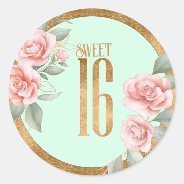 Gold Foil Floral Sweet Sixteen Mint Green ID756 Classic Round Sticker (Front)