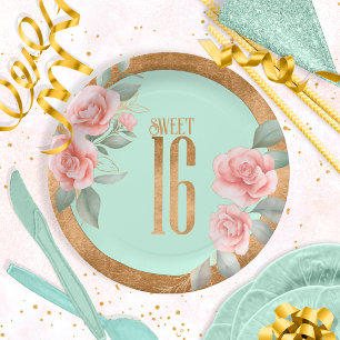 Gold Foil Floral Sweet Sixteen Mint Green ID757 Paper Plate