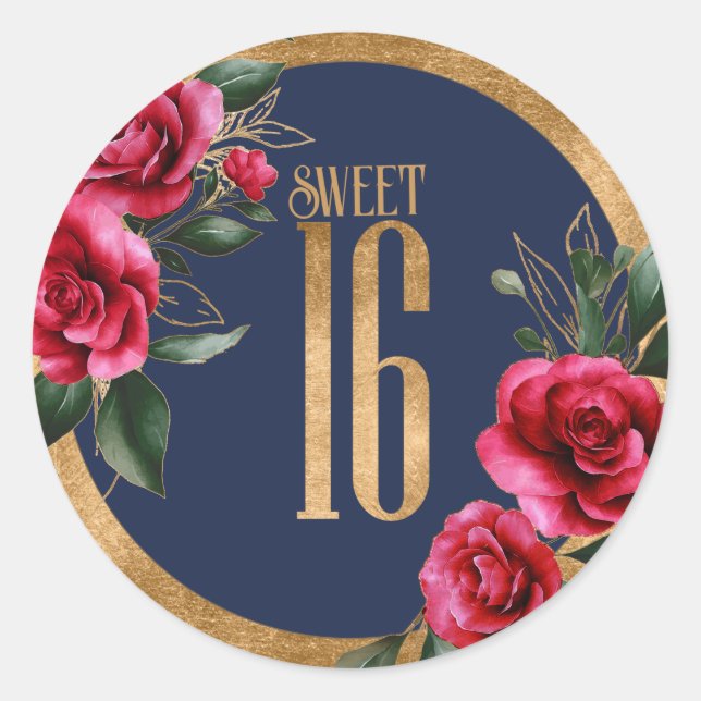 Gold Foil Floral Sweet Sixteen Navy Blue ID756 Classic Round Sticker (Front)