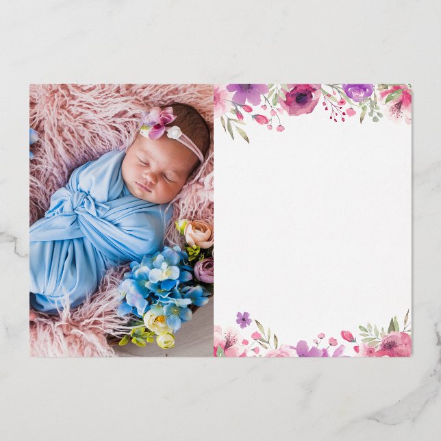 Gold Foil Floral Thank You Photo Baby Announcement (Front)