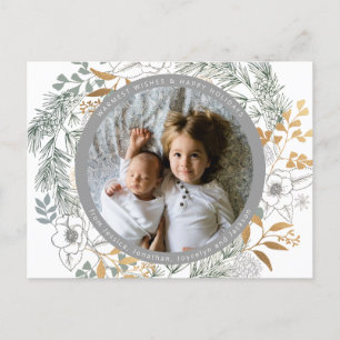 Gold Foil Floral Wreath Custom Photo White Holiday Postcard