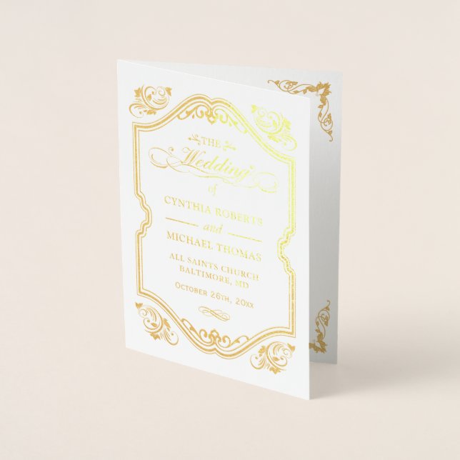 Gold Foil Flourish Frame Wedding Ceremony Program (Front)