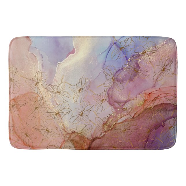 Gold Foil Flowers Dusky Pastel Abstract  Bath Mat (Front)