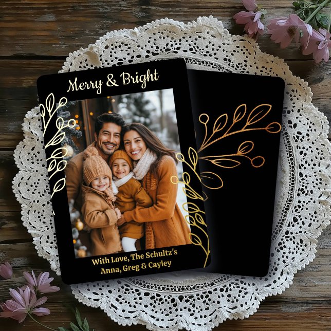 Gold Foil Foliage and Family Photo Christmas Foil Holiday Card (Creator Uploaded)