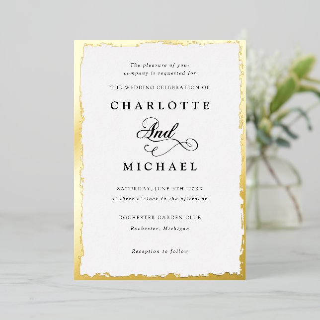 Gold foil frame and calligraphy wedding foil invit (Standing Front)