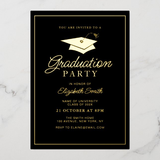 gold foil frame black graduation party invitation (Front)