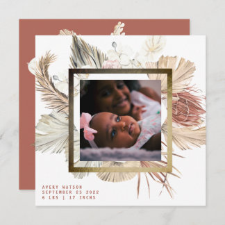 Gold Foil Frame Boho Pampas Boho Photo Birth Announcement