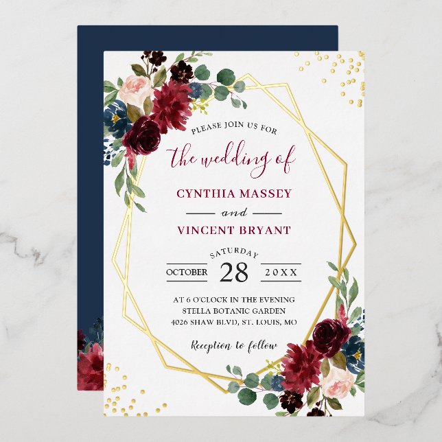 Gold Foil Geometric | Burgundy Navy Floral Wedding (Front/Back)