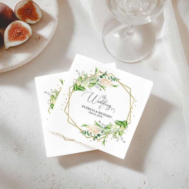 Gold Foil Geometric Greenery Modern Wedding Napkin (Creator Uploaded)