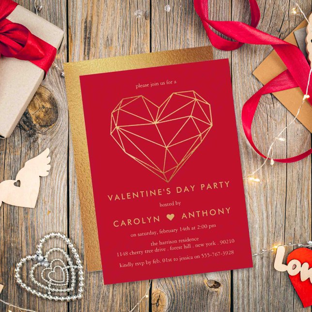 Gold Foil Geometric Heart Valentine's Day Party Invitation (Creator Uploaded)
