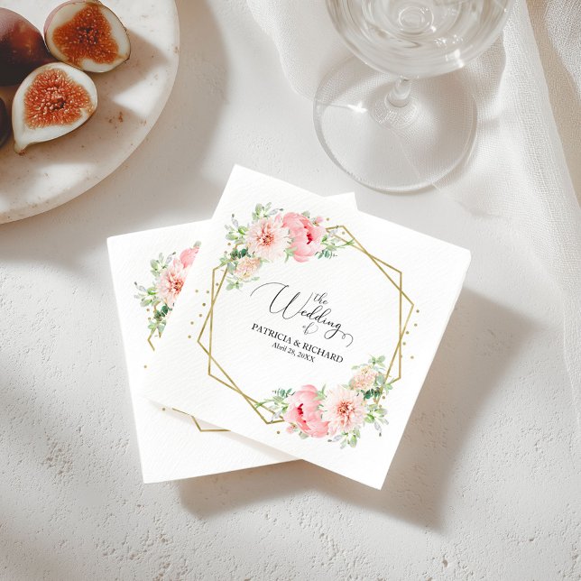 Gold Foil Geometric Pink Blush Floral Wedding Napkin (Creator Uploaded)