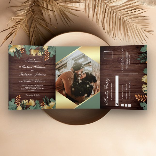 Gold Foil Geometric Tropical Leaves Photo Wedding Tri-Fold Invitation (Creator Uploaded)