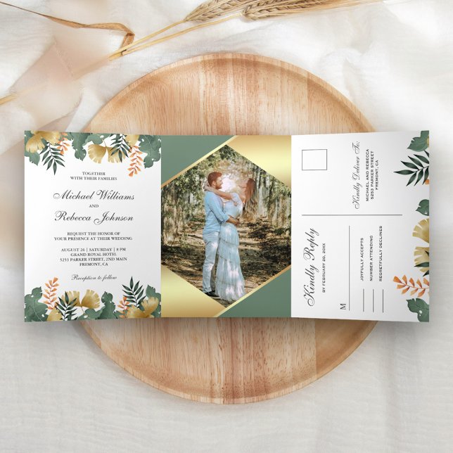 Gold Foil Geometric Tropical Leaves Photo Wedding Tri-Fold Invitation (Creator Uploaded)